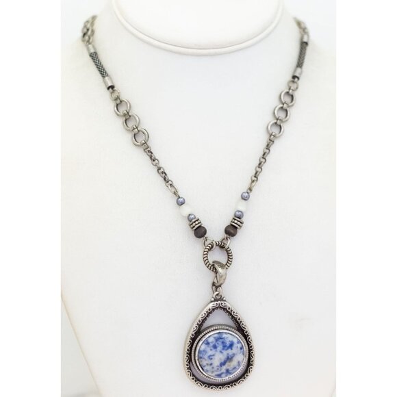 18 inch, Vintage Round Circle Sky Teardrop Stone Silver Tone Necklace - T22 - Picture 2 of 3